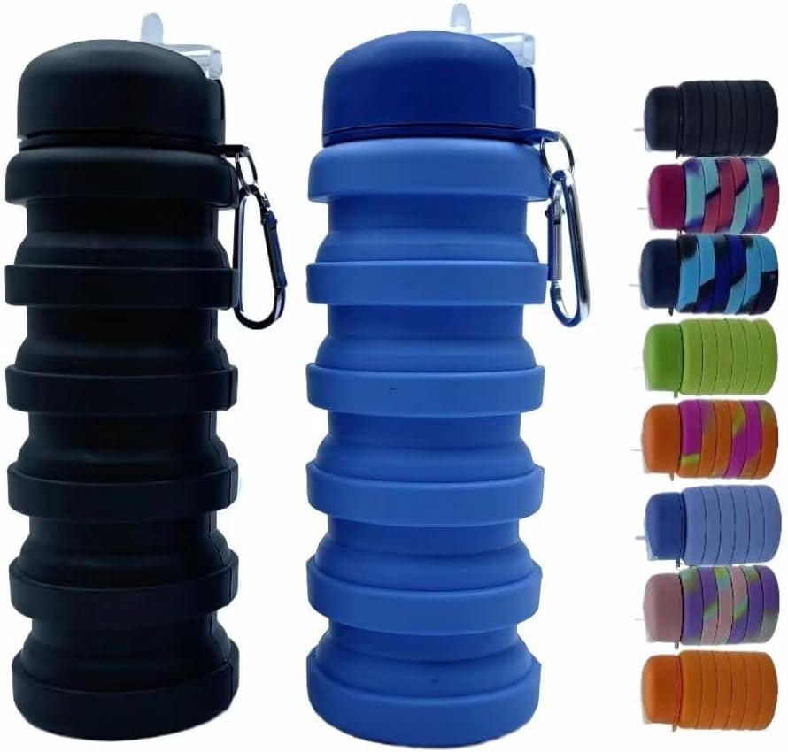 Collapsible Water Bottles 2 Pack 16oz(about 500ml), Travel Portable Sport Water Bottle, Silicone Foldable Water Bottles for Gym Camping Outdoor Hiking. (Black+Blue)