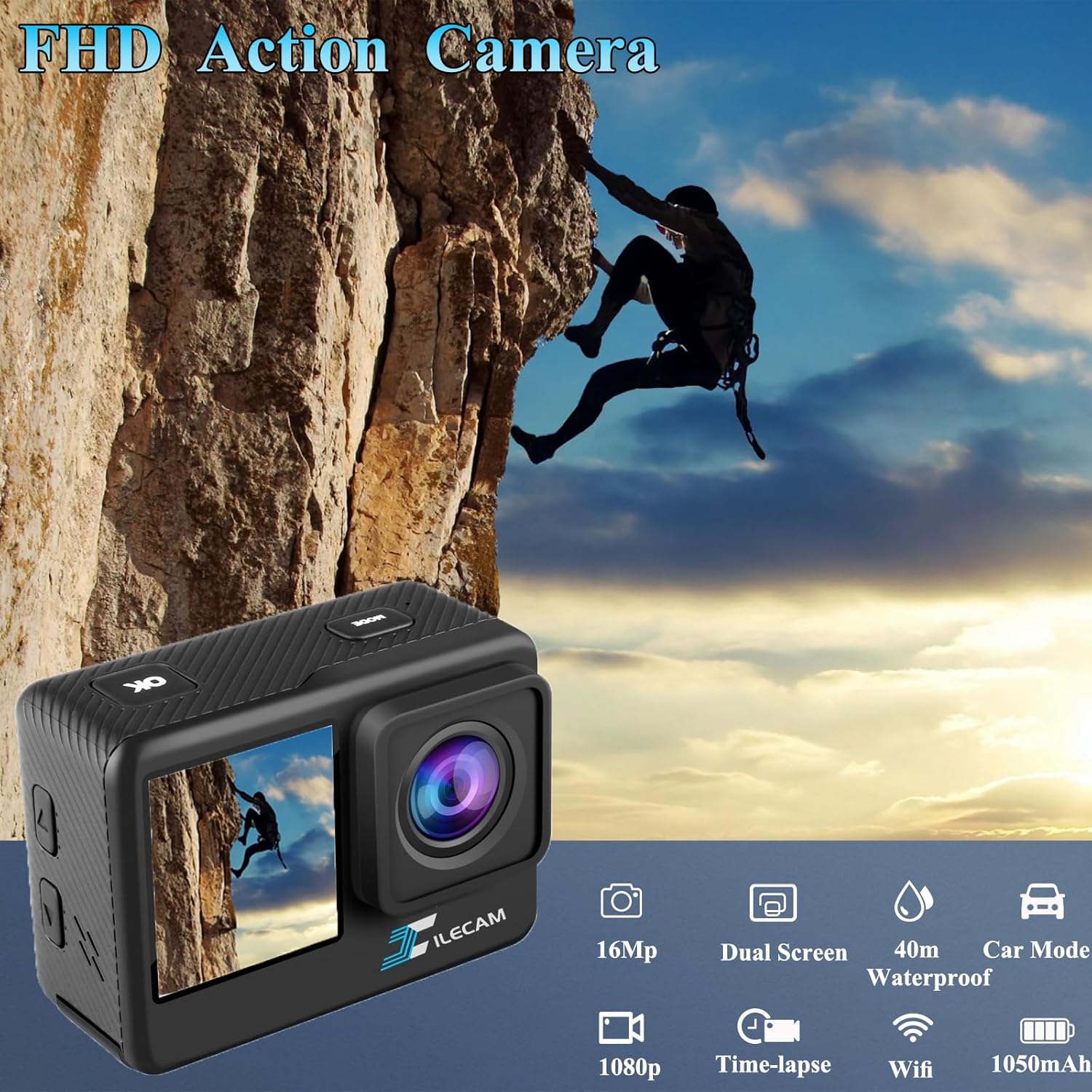 Dual Screen Action Camera 1080P WiFi Waterproof Camera 4*Zoom 131FT(40m) Waterproof Underwater Camera with 2X 1050mAh Batteries and Multifunctional Accessories Sports Camera - Image 2