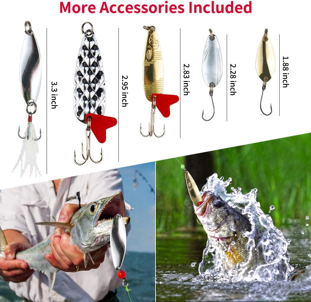 Fishing Lures Kit for Freshwater Bait Tackle Kit for Bass Trout Salmon Fishing Accessories Tackle Box Including Spoon Lures Soft Plastic Worms - Image 5