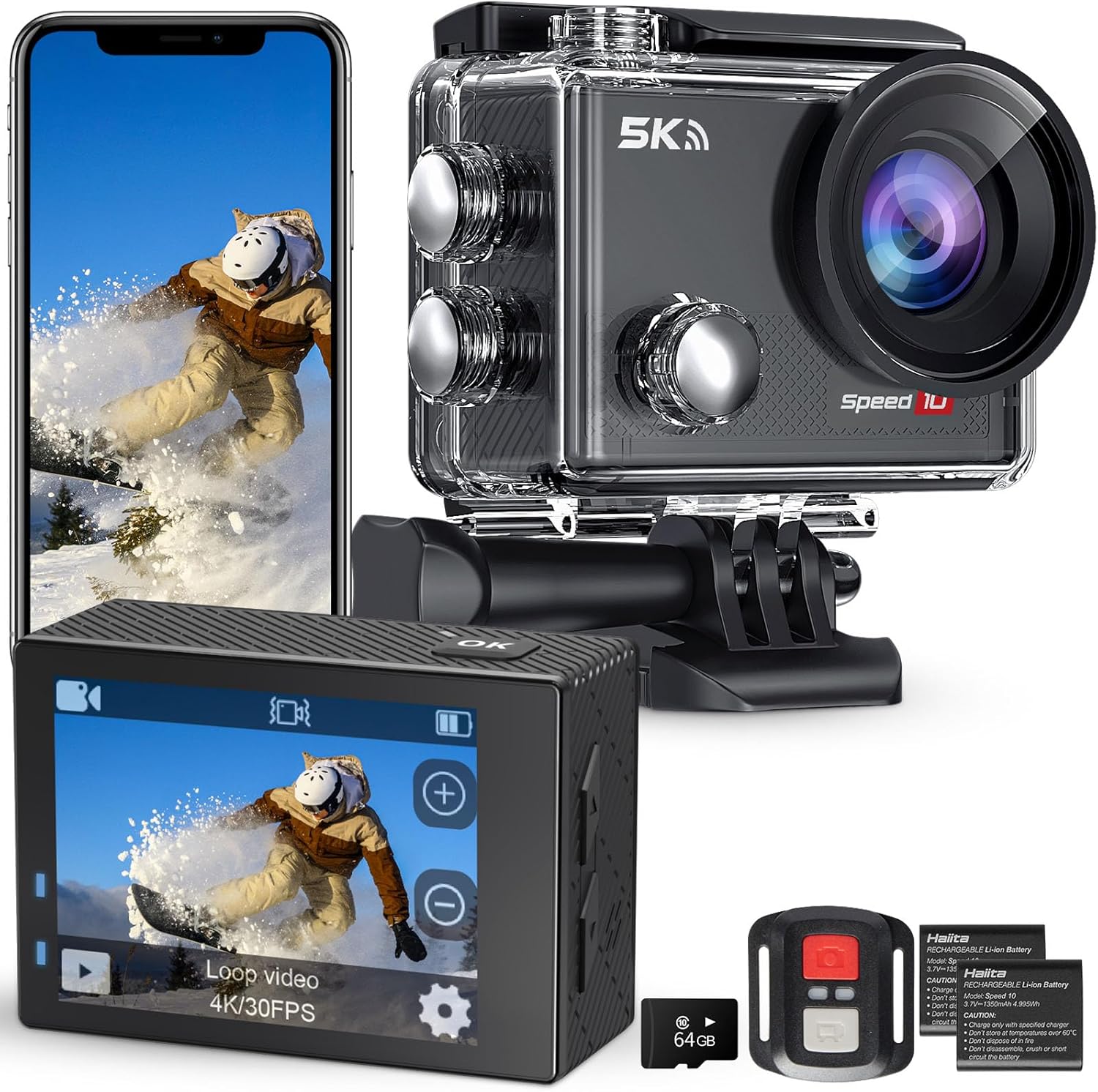 Speed 10 Action Camera 5K 30FPS Waterproof Camera Underwater 131 FT with EIS, Remote Control Sports Camera 5X Zoom with 64GB Card, 2x1350mAh Battery