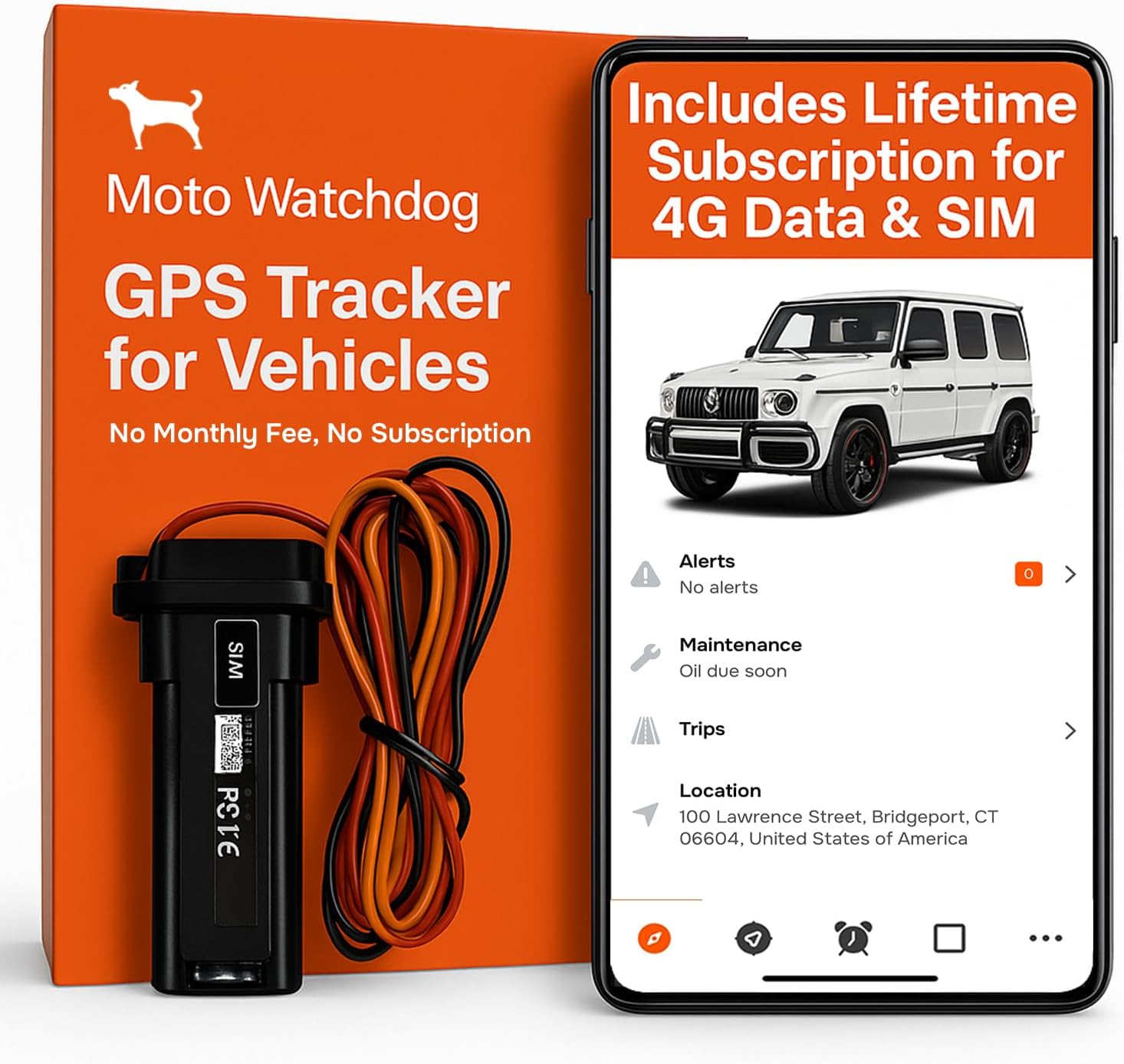 Wired GPS Tracker for Vehicles, No Monthly Fee, No Subscription, 4G SIM and Data Included, Business Fleets, Quick Install, Speeding Alerts, Mileage Tracking, Trip History, USA Developed, Moto Watchdog